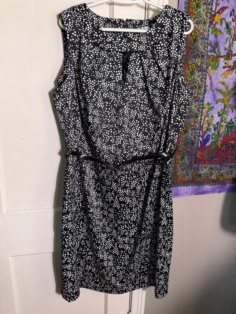 Dressbarn Black White Dot Print Fit Flare Dress Belted Sleeveless Midi - 18W